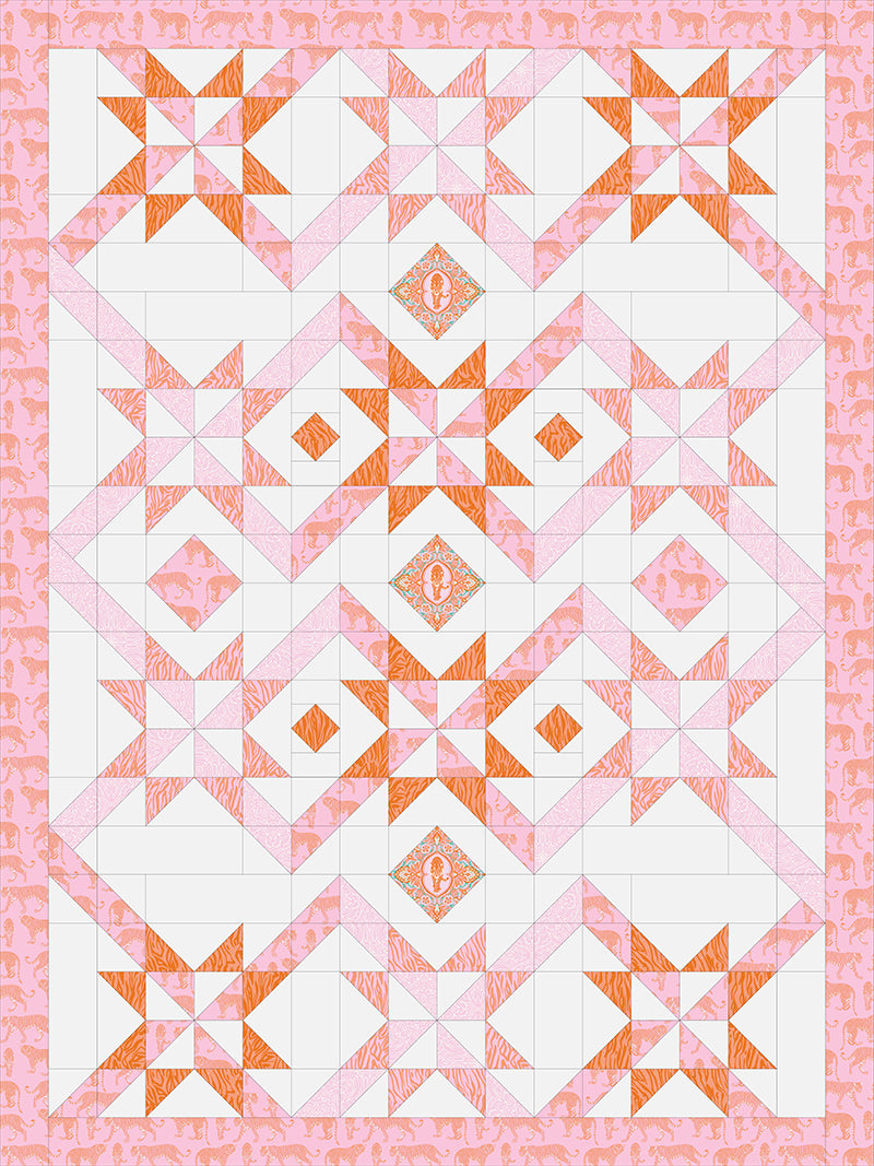 Stars and Tiger Stripes Cheater Quilt - Pink/Orange