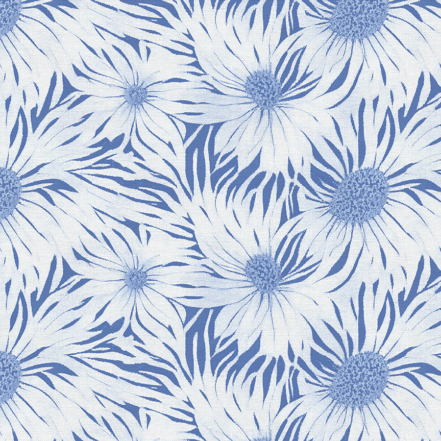 Whimsical Petals - White on Blue