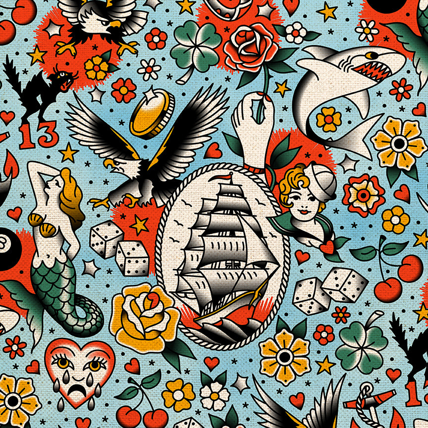 Tattoo Collection Timeless Tattoos - Blue – Paintbrush Studio Fabrics