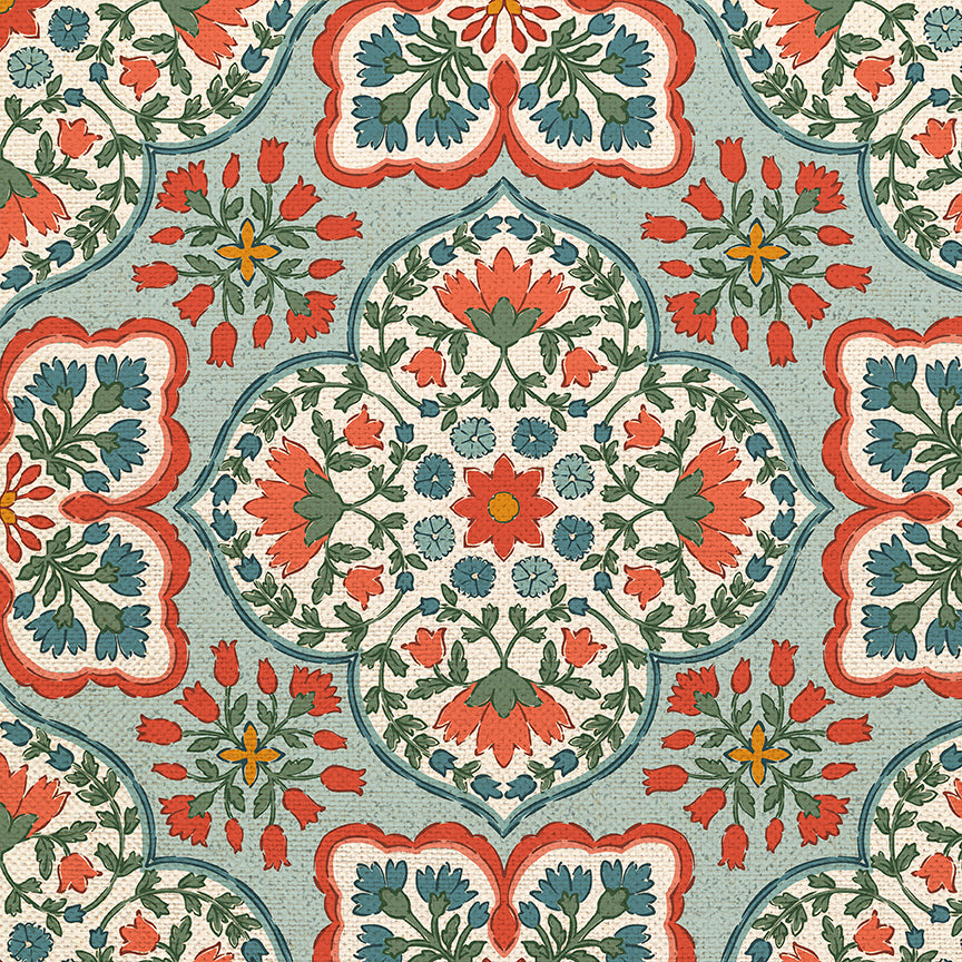Blockprint Chic - Light Blue/Red