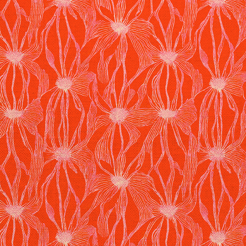 Floral Line Work - Cream on Red
